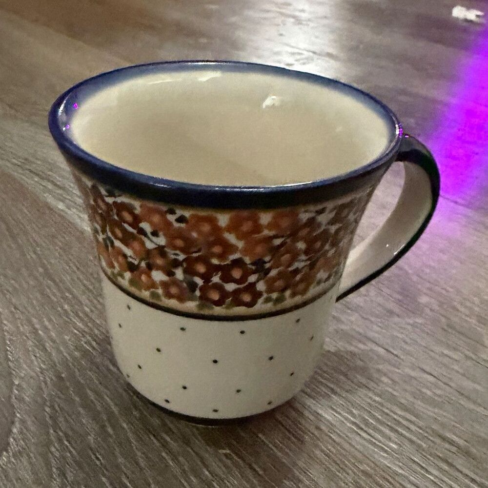 Boleslawiec Ceramic Mug Floral Pattern Handle White Blue Brown R7